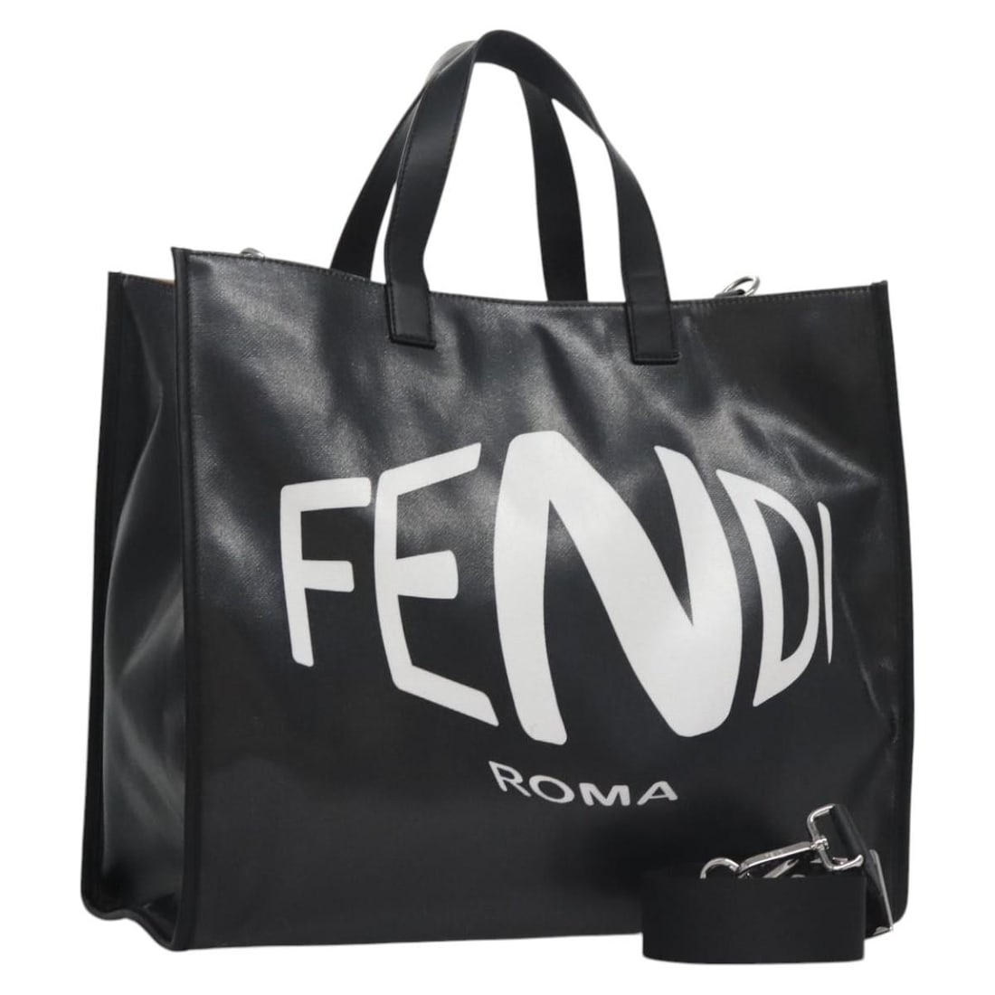 Fendi Black Coated Canvas Two Way Tote with Silver Accents and Shoulder Strap: Fendi Black Coated Canvas Two Way Tote with Silver Accents and Shoulder Strap This FENDI tote bag is crafted from black and silver coated canvas and offers versatile 2-way carrying options with both h