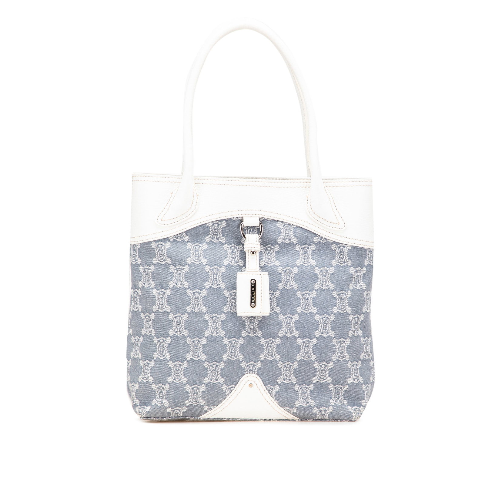 Celine Macadam Denim Tote Blue Fabric Bag with Leather Trim: Celine Macadam Denim Tote Blue Fabric Bag with Leather Trim The Celine Macadam Denim Tote is a stylish and functional bag crafted from durable denim with elegant leather trim. This tote features rolle