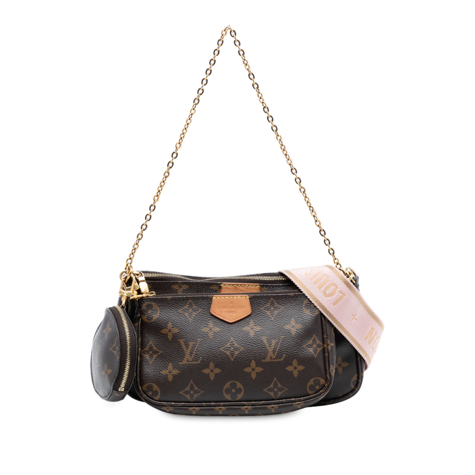 Louis Vuitton Multi Pochette Monogram Canvas Bag with Removable Mini Pouches: Louis Vuitton Multi Pochette Monogram Canvas Bag with Removable Mini Pouches The Louis Vuitton Monogram Multi Pochette Accessoires features a monogram canvas body with both a detachable chain link str