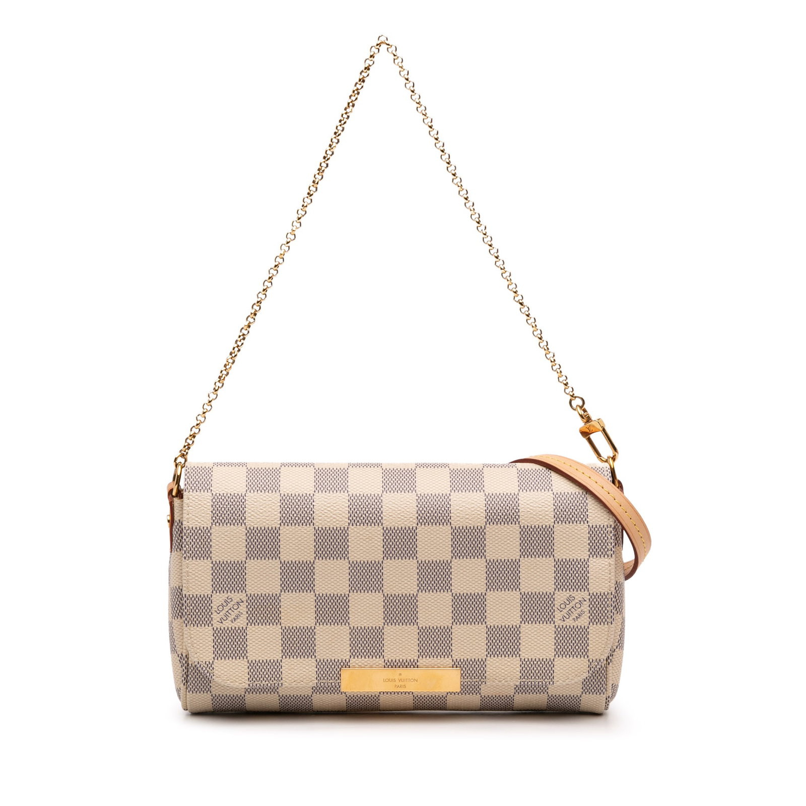 Favorite PM Shoulder Bag in Damier Azur Canvas with Chain and Leather Straps: Favorite PM Shoulder Bag in Damier Azur Canvas with Chain and Leather Straps This Louis Vuitton Damier Azur Favorite PM features a damier azur canvas body with a classic white checkered pattern. It co