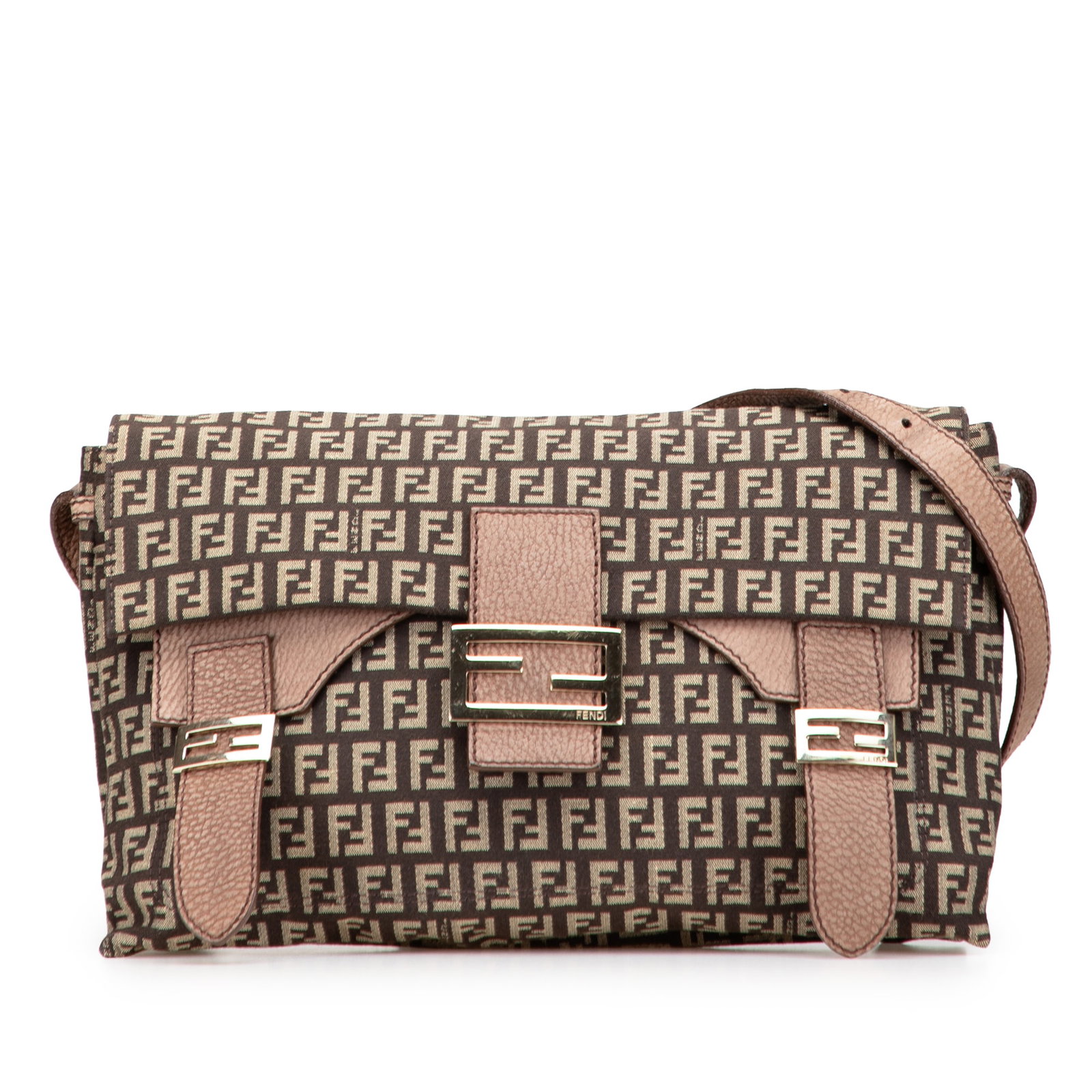 Fendi Zucchino Canvas Sweety Crossbody Bag in Brown: Fendi Zucchino Canvas Sweety Crossbody Bag in Brown Elevate your accessory collection with the Fendi Zucchino Canvas Sweety Crossbody bag. This stylish crossbody features a durable canvas body complem