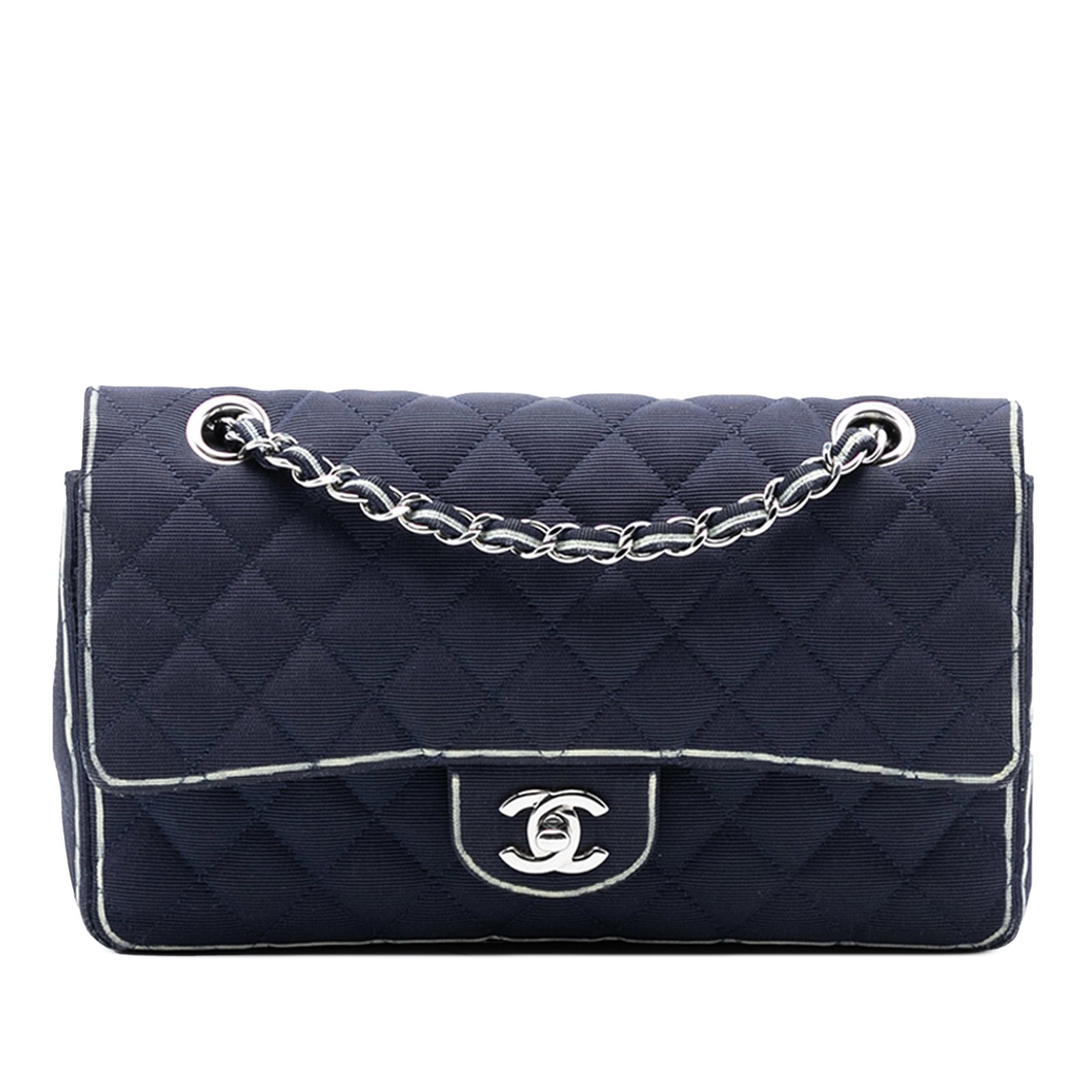 Chanel Medium Classic Blue Grosgrain Double Flap Shoulder Bag: Chanel Medium Classic Blue Grosgrain Double Flap Shoulder Bag This Chanel Medium Classic Printed Grosgrain Double Flap shoulder bag features a quilted nylon body with fabric woven chain shoulder strap