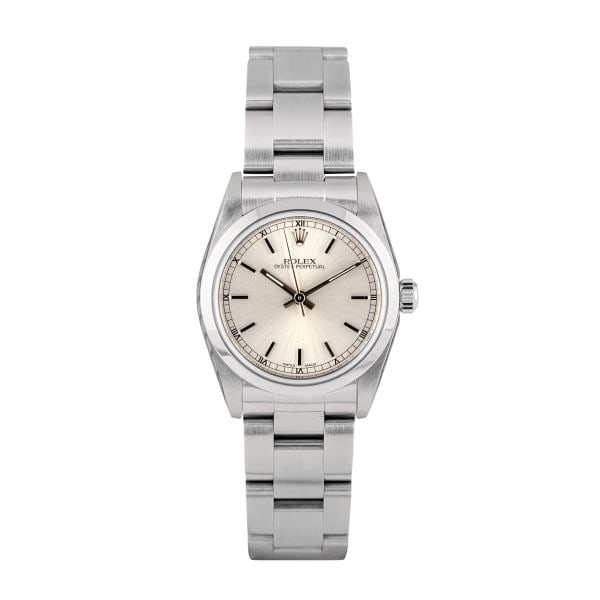 Ladies Oyster Perpetual Reference 77080 Silver Stick Dial Wristwatch: Ladies Oyster Perpetual Reference 77080 Silver Stick Dial Wristwatch This ladies Rolex Oyster Perpetual features a silver stick dial, smooth bezel, and is paired with the classic Oyster bracelet. The