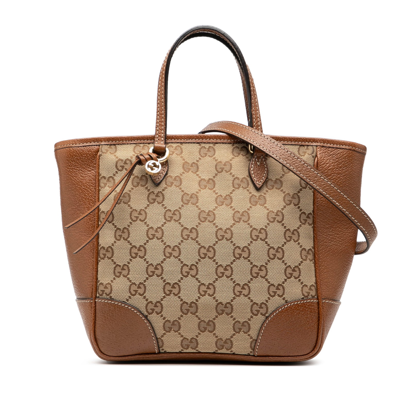 Gucci Bree Small GG Canvas Brown Satchel with Leather Trim: Gucci Bree Small GG Canvas Brown Satchel with Leather Trim This Gucci Small GG Canvas Bree Satchel features a canvas body with leather trim, flat leather handles, a detachable flat leather strap, and