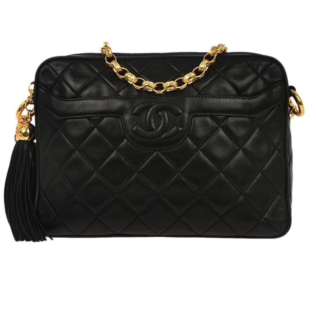 Chanel Quilted Black Lambskin Chain Shoulder Camera Bag Small with Gold Hardware: Chanel Quilted Black Lambskin Chain Shoulder Camera Bag Small with Gold Hardware This Chanel small camera bag features black quilted lambskin leather with gold-tone chain strap accents and a zip closu