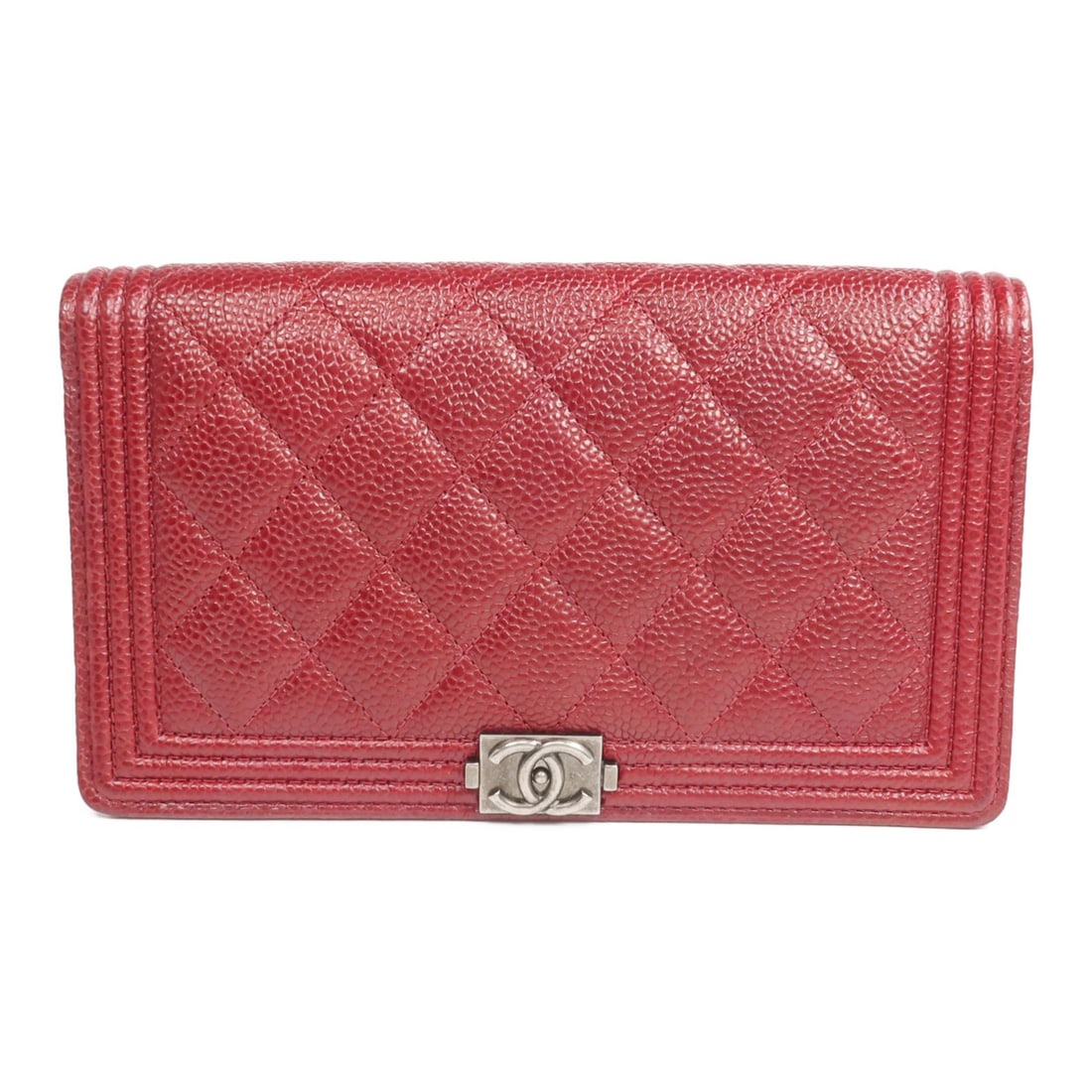 Chanel Boy Red Calfskin Long Bifold Wallet with Silver Tone CC: Chanel Boy Red Calfskin Long Bifold Wallet with Silver Tone CC This CHANEL Boy long wallet is crafted from red calfskin leather and features silver-tone hardware. Designed in a bifold style, it is sui