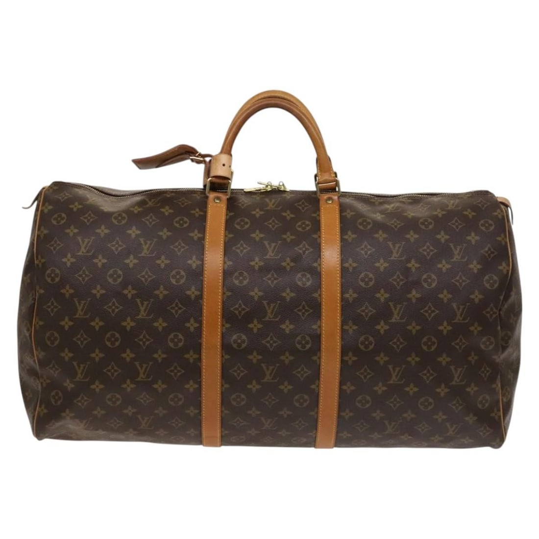 Brown Canvas Keepall Travel Bag by Louis Vuitton France 60cm: Brown Canvas Keepall Travel Bag by Louis Vuitton France 60cm This Louis Vuitton Keepall Bag features the iconic monogram canvas and is designed for unisex use. The exterior shows minor shape loss, rub