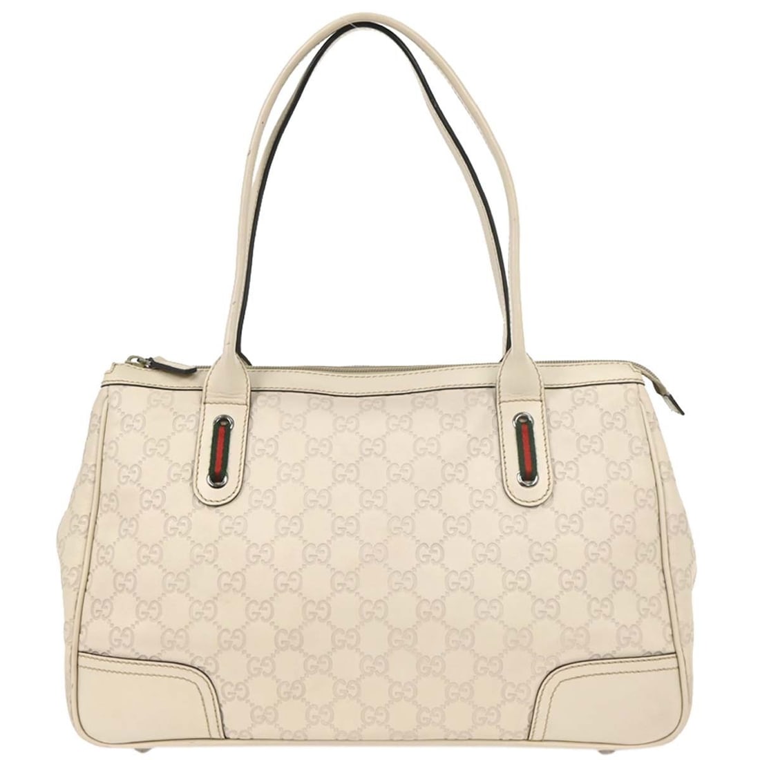 Gucci Princy White Leather GG Canvas Tote Bag: Gucci Princy White Leather GG Canvas Tote Bag This Gucci Princy Zip Tote features a white leather exterior and is designed for women. Crafted in Italy, the tote offers a spacious interior, making it b