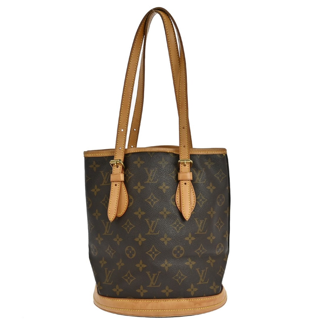Louis Vuitton Petite Bucket Monogram Canvas Shoulder Tote M42238: Louis Vuitton Petite Bucket Monogram Canvas Shoulder Tote M42238 This Louis Vuitton Monogram Bucket PM tote bag features the iconic monogram canvas exterior with brown leather details and a beige leat