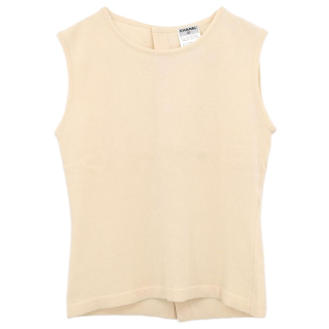 Chanel Knit Cashmere Sleeveless Top in Off White Size 38: Chanel Knit Cashmere Sleeveless Top in Off White Size 38 This Chanel sleeveless knit top features a round neckline and is crafted from 100% cashmere in off-white. Designed for a regular fit, it offers