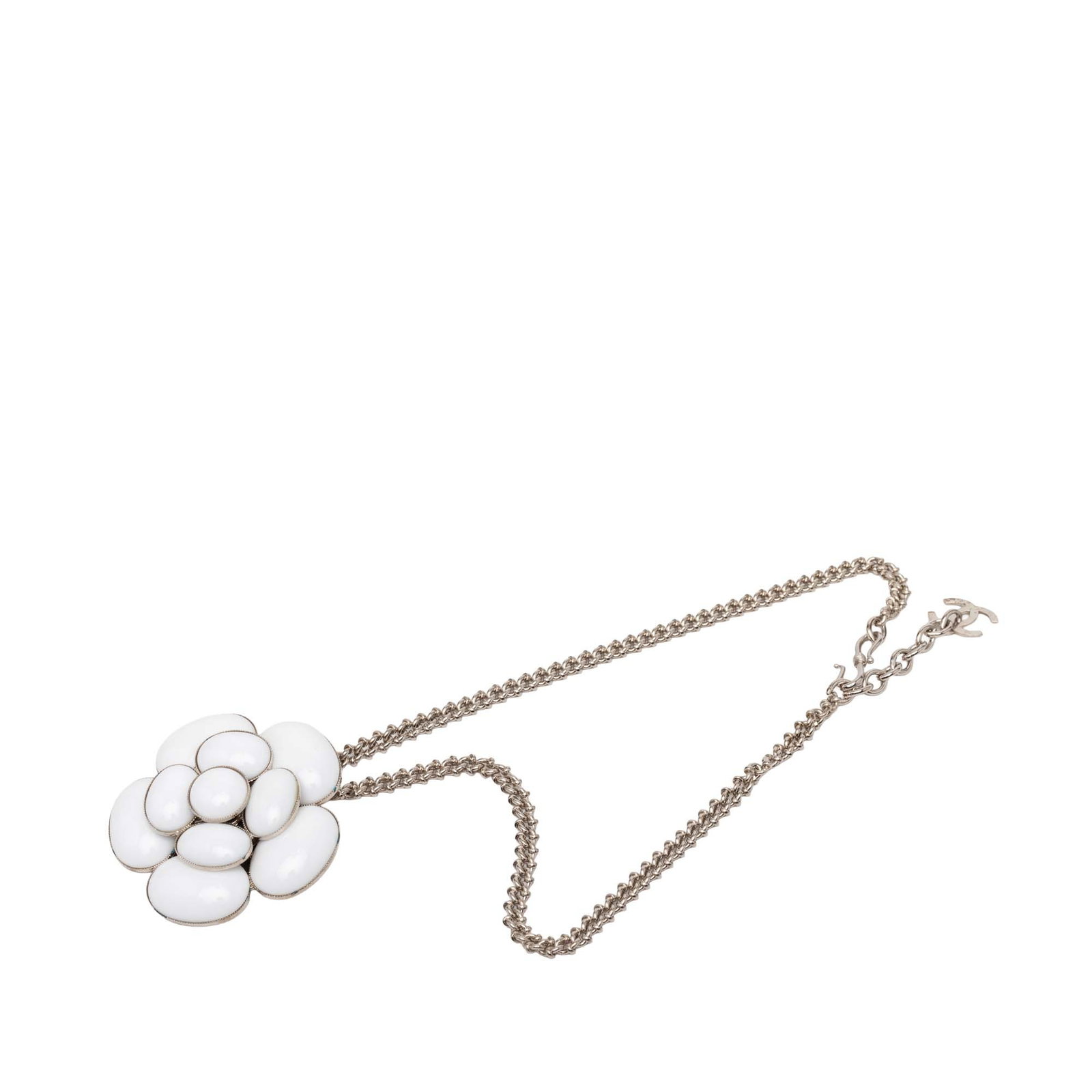 Chanel Camellia Enamel Pendant Necklace with Silver Tone Chain: Chanel Camellia Enamel Pendant Necklace with Silver Tone Chain This Chanel necklace features a camellia pendant with enamel detailing, suspended from a silver-tone chain and secured with a hook closur