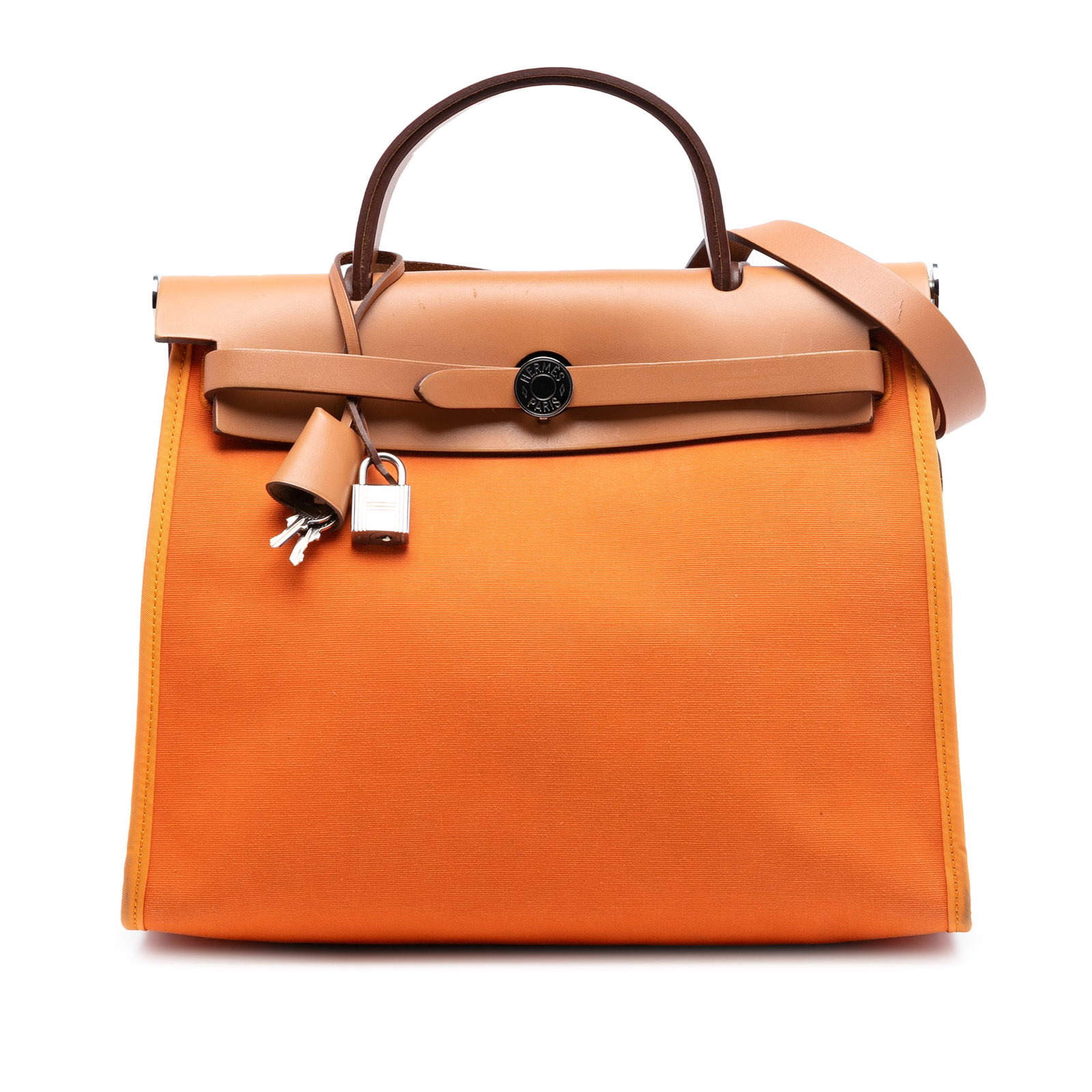 Hermes Herbag Zip 31 Orange Canvas and Leather Shoulder Bag: Hermes Herbag Zip 31 Orange Canvas and Leather Shoulder Bag The Hermes Toile Herbag Zip 31 is crafted from durable orange canvas with leather trim. It features a flat leather top handle, a flat leathe