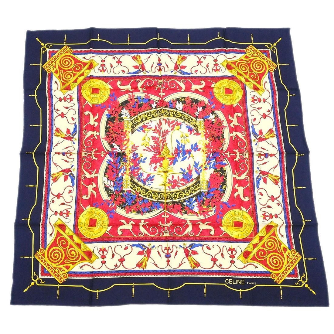 Navy Silk Square Scarf by Celine 35 Inch France: Navy Silk Square Scarf by Celine 35 Inch France This Celine square scarf features a navy color and is crafted from silk. Made in France, it offers a refined accessory option. Specifications Brand: CEL