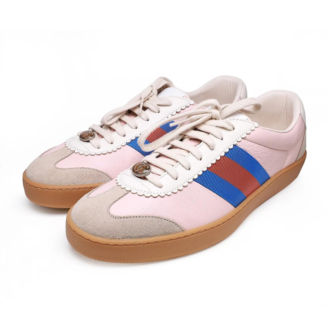 Gucci G74 Web Pink Oatmeal Leather Suede Sneakers Women 9.5: Gucci G74 Web Pink Oatmeal Leather Suede Sneakers Women 9.5 Elevate your casual style with these Gucci G74 Web leather and suede sneakers, designed for women in a chic pink and oatmeal colorway. The s