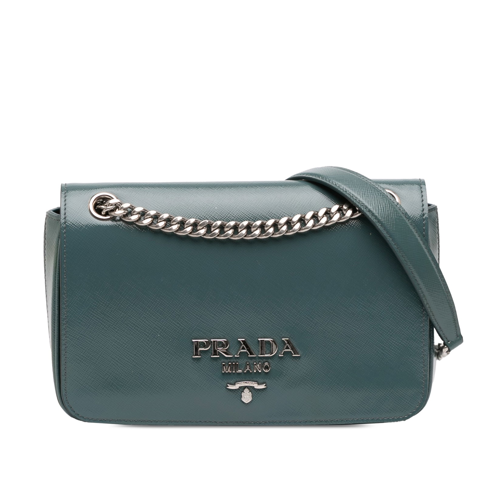 Prada Saffiano Vernice Pattina Blue Leather Crossbody Bag with Chain Strap: Prada Saffiano Vernice Pattina Blue Leather Crossbody Bag with Chain Strap This Prada Saffiano Vernice Pattina Flap crossbody bag features blue saffiano leather, a chain link strap with leather guard,