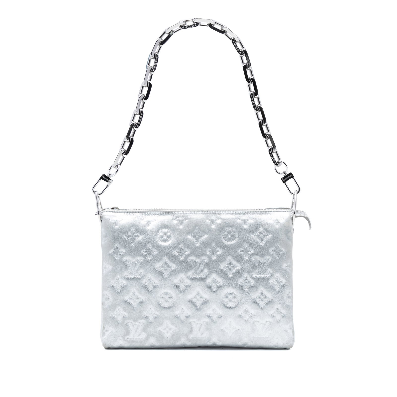 Louis Vuitton Coussin PM Silver Lambskin Bag with Embossed Monogram: Louis Vuitton Coussin PM Silver Lambskin Bag with Embossed Monogram This Louis Vuitton Coussin PM bag features a puffy lambskin leather body embossed with the iconic monogram pattern. It is equipped w