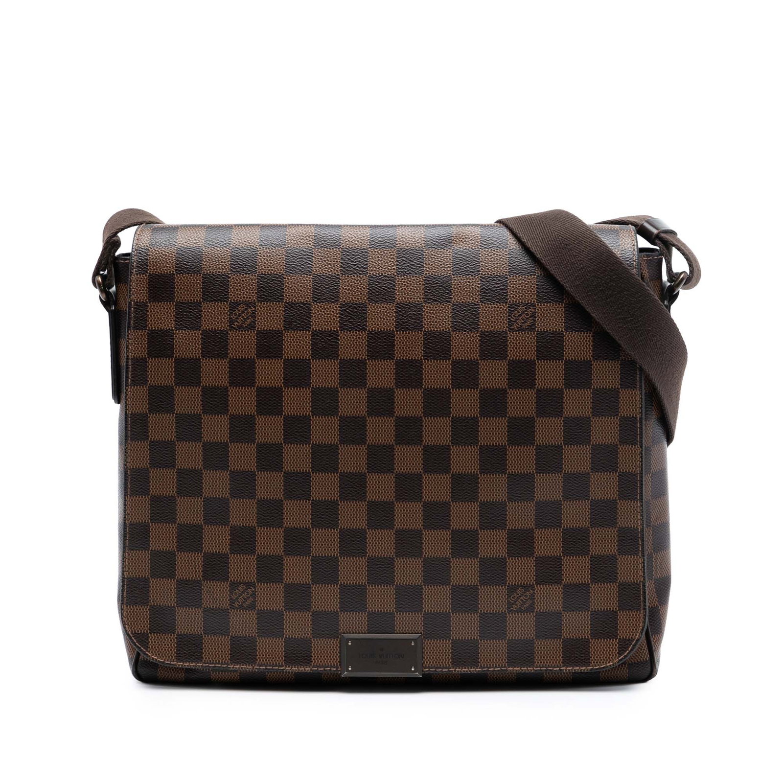 Louis Vuitton District MM Shoulder Bag in Damier Ebene Canvas: Louis Vuitton District MM Shoulder Bag in Damier Ebene Canvas This Louis Vuitton Damier Ebene District MM bag features a signature damier canvas body with a brown colorway, an adjustable flat shoulder