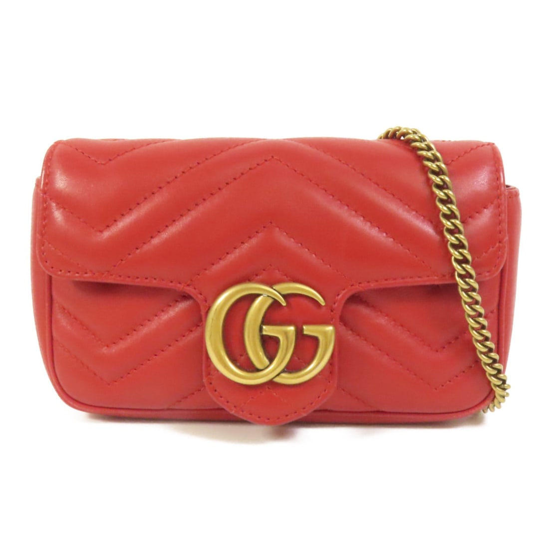 Gucci Marmont Super Mini Red Calfskin Shoulder Bag with Gold Hardware: Gucci Marmont Super Mini Red Calfskin Shoulder Bag with Gold Hardware This GUCCI GG Marmont Super Mini Shoulder Bag features luxurious red calfskin leather and gold tone hardware. Designed for women,