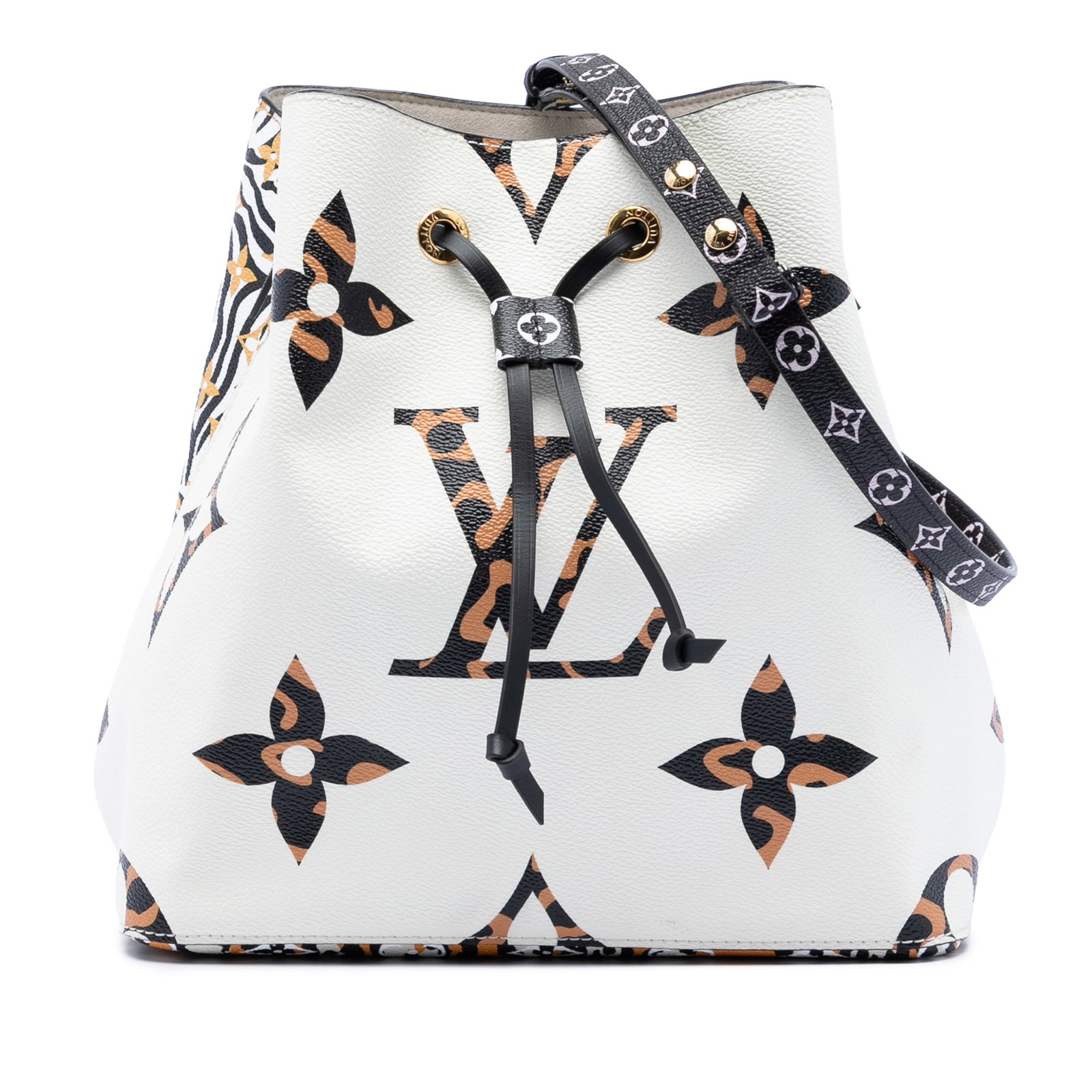 Louis Vuitton NeoNoe MM Jungle Giant Pattern Shoulder Bag: Louis Vuitton NeoNoe MM Jungle Giant Pattern Shoulder Bag The Louis Vuitton Monogram Jungle Giant NeoNoe MM features a monogram canvas exterior in white, complemented by a detachable flat leather stra