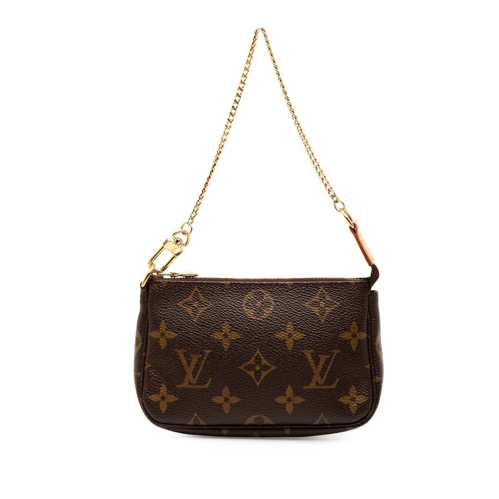 Louis Vuitton Mini Pochette Monogram Canvas Bag with Chain Handle: Louis Vuitton Mini Pochette Monogram Canvas Bag with Chain Handle This Louis Vuitton Monogram Mini Pochette Accessoires features the iconic monogram canvas body and a chain link handle with a top zip
