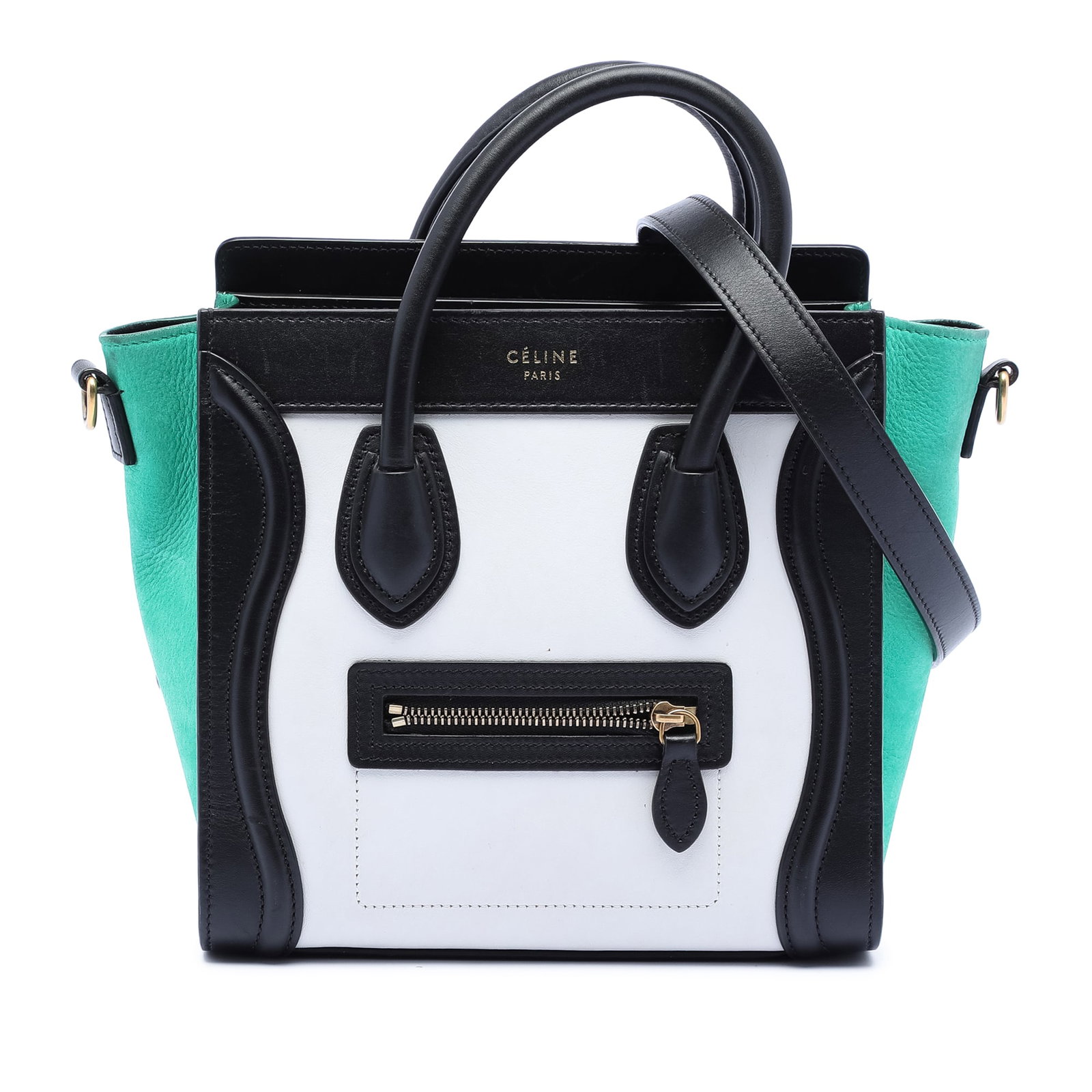 Tricolor Leather Nano Luggage Tote by Celine with Shoulder Strap: Tricolor Leather Nano Luggage Tote by Celine with Shoulder Strap This Celine Nano Tricolor Leather Luggage Tote features a distinctive tricolor leather exterior with rolled leather handles and a detac