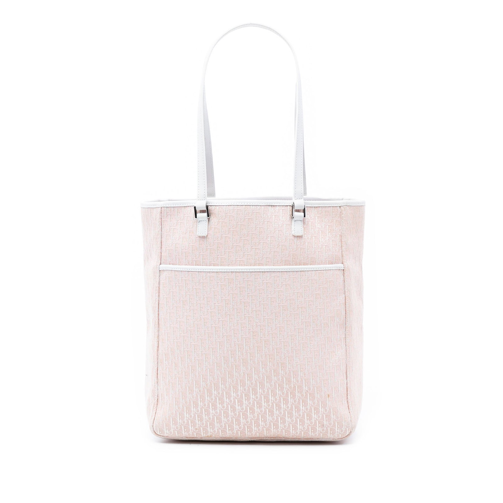 Pink Dior Diorissimo Trotter Canvas Tote Bag with Leather Trim: Pink Dior Diorissimo Trotter Canvas Tote Bag with Leather Trim This Diorissimo Trotter Canvas Tote features a pink canvas body with leather trim, flat leather handles, an open top, an exterior slip po