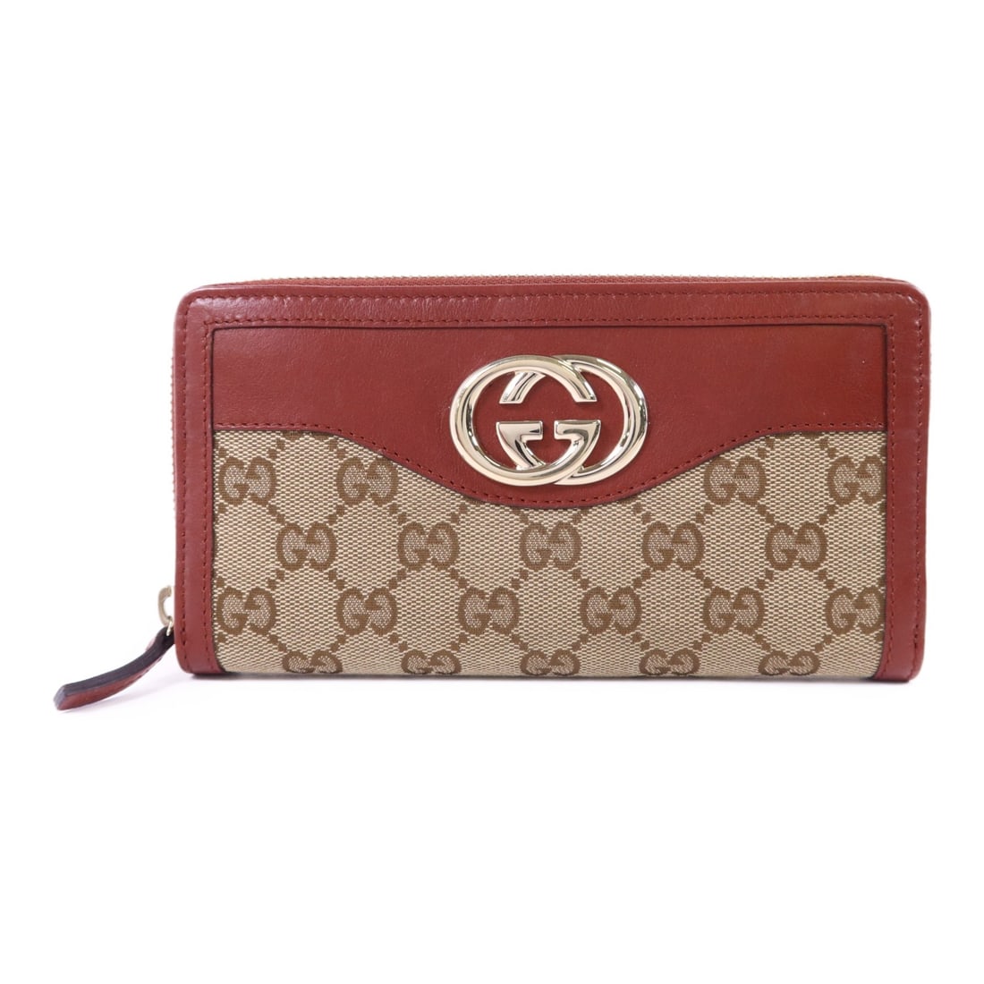 Red Brown Calfskin GG Around Long Wallet with Gold Hardware by Gucci: Red Brown Calfskin GG Around Long Wallet with Gold Hardware by Gucci This Gucci GG long wallet features a classic around zip design crafted from calfskin leather and canvas in a red and brown color co