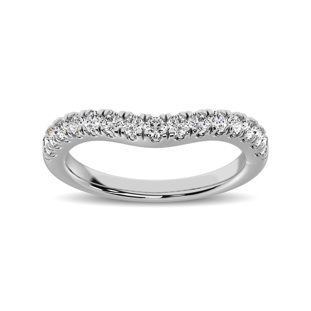 14K White Gold 1/2 Ct.Tw. Diamond Curve Band: 14K White Gold 1/2 Ct.Tw. Diamond Curve Band This Classic Curve Shape Band is available in 14K White Gold. There are 15 round diamonds with a total carat weight of 1/2 Ct.Tw. set in a Micro Prong sett