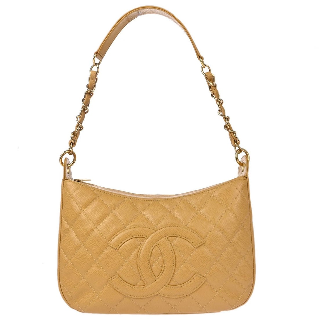 Chanel Caviar Beige Medium Top Handle Calfskin Leather Bag: Chanel Caviar Beige Medium Top Handle Calfskin Leather Bag This Chanel handbag features a beige caviar skin leather exterior with a top handle design and zip closure. The medium-sized bag is accented
