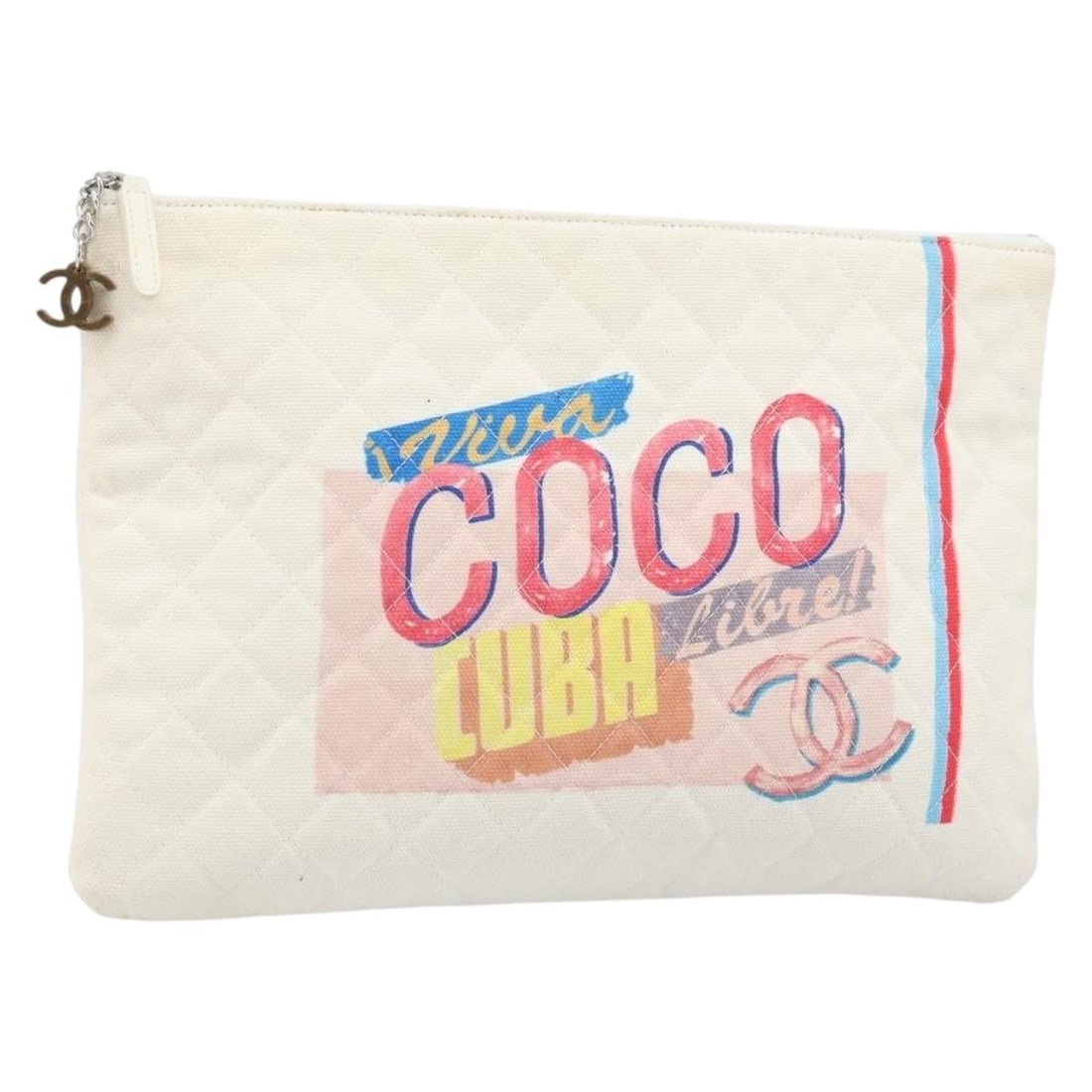 Chanel White Canvas Matelasse Clutch with Silver CC Logo and Dust Bag: Chanel White Canvas Matelasse Clutch with Silver CC Logo and Dust Bag This CHANEL Matelasse clutch bag features a white and silver canvas exterior adorned with the iconic CC logo. Designed for women,