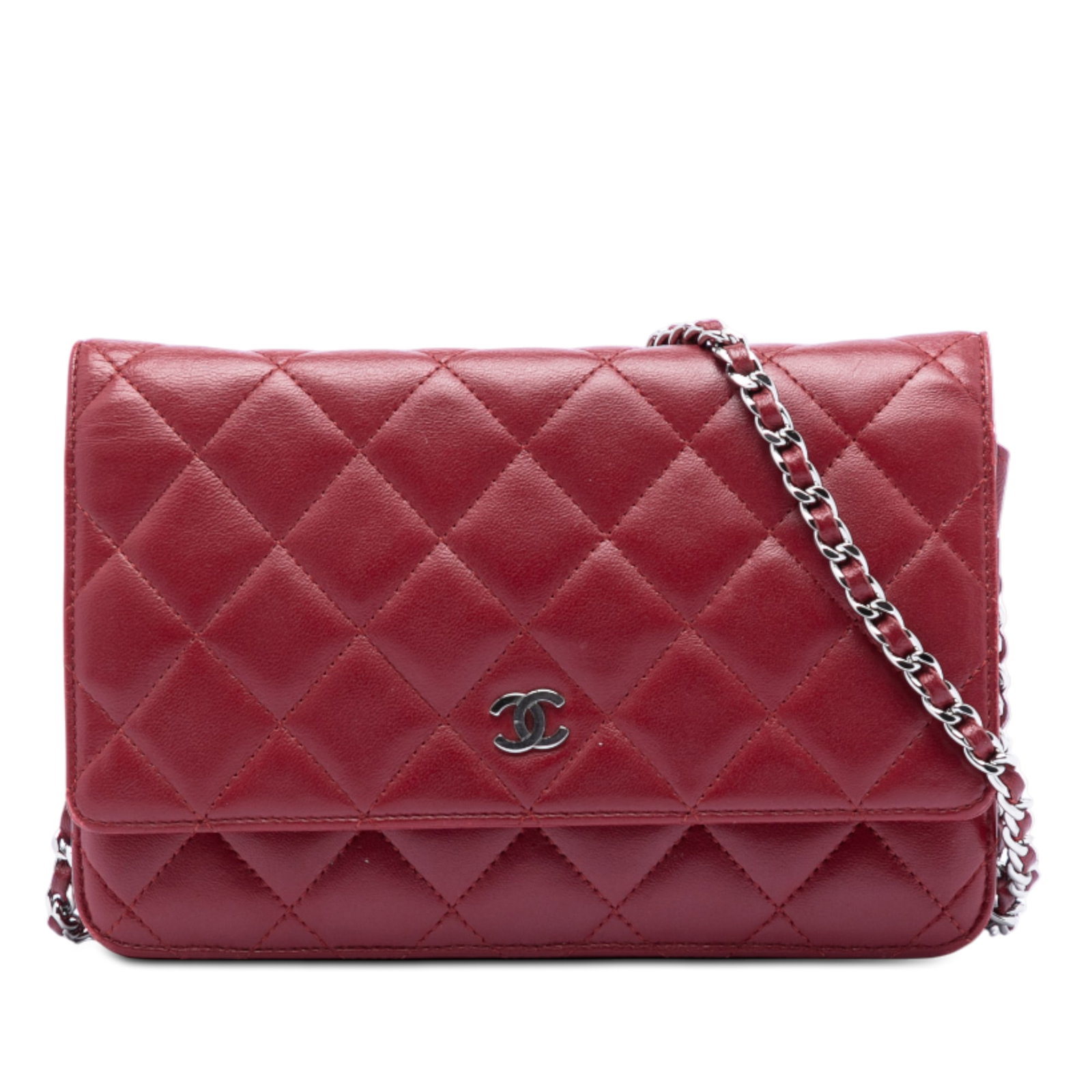 Red Chanel Lambskin Chain Wallet with Quilted Flap and CC Logo: Red Chanel Lambskin Chain Wallet with Quilted Flap and CC Logo This Chanel CC Quilted Lambskin Wallet on Chain showcases a red quilted lambskin leather exterior, a leather-woven chain link strap, and
