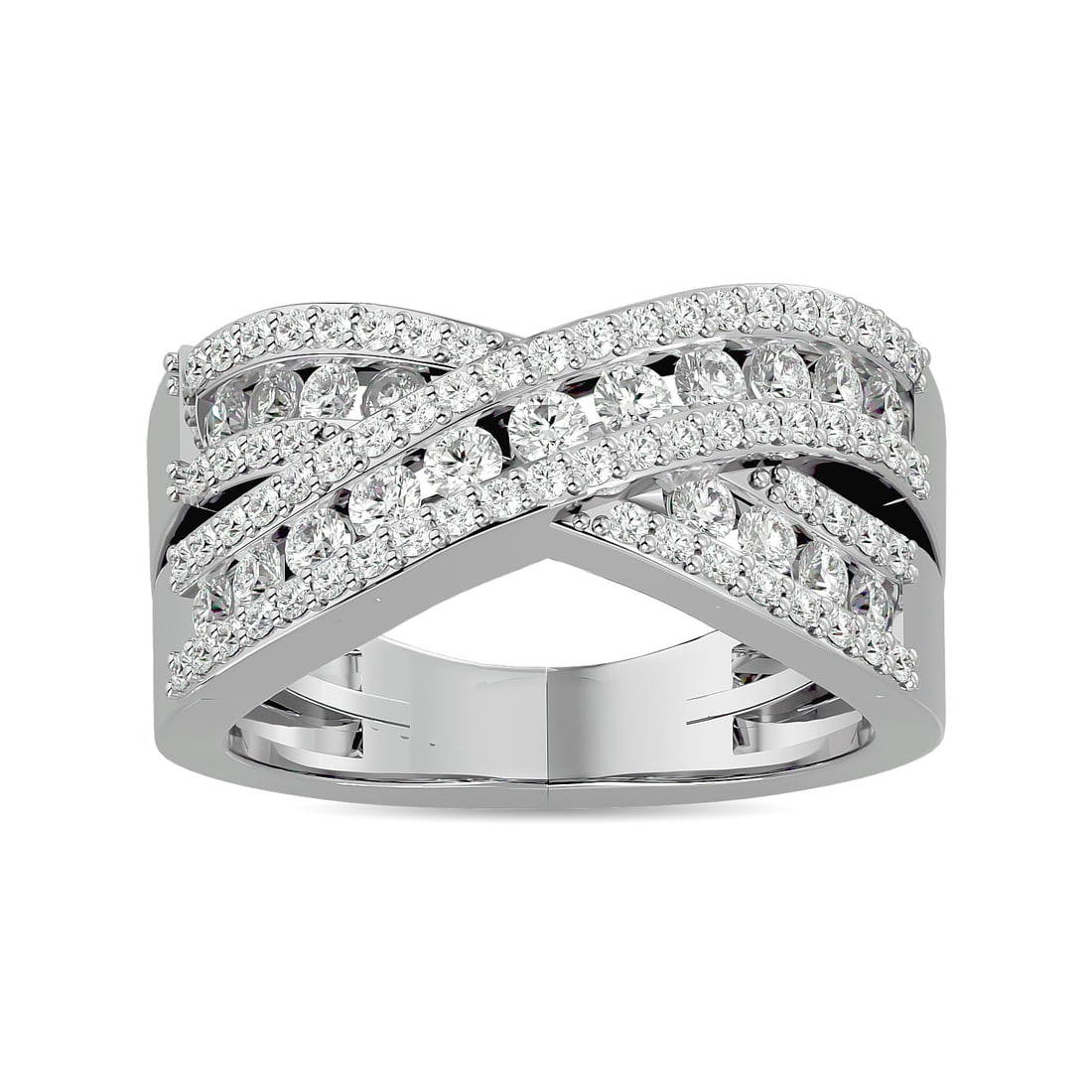 Diamond 1 Ct.tw Crossover Fashion Ring in 14K White Gold: Diamond 1 Ct.tw Crossover Fashion Ring in 14K White Gold 14k White Gold Stone Color: G-h Stone Clarity: I1 Each ring is presented in standard size 6.5. Complimentary resizing is available between size