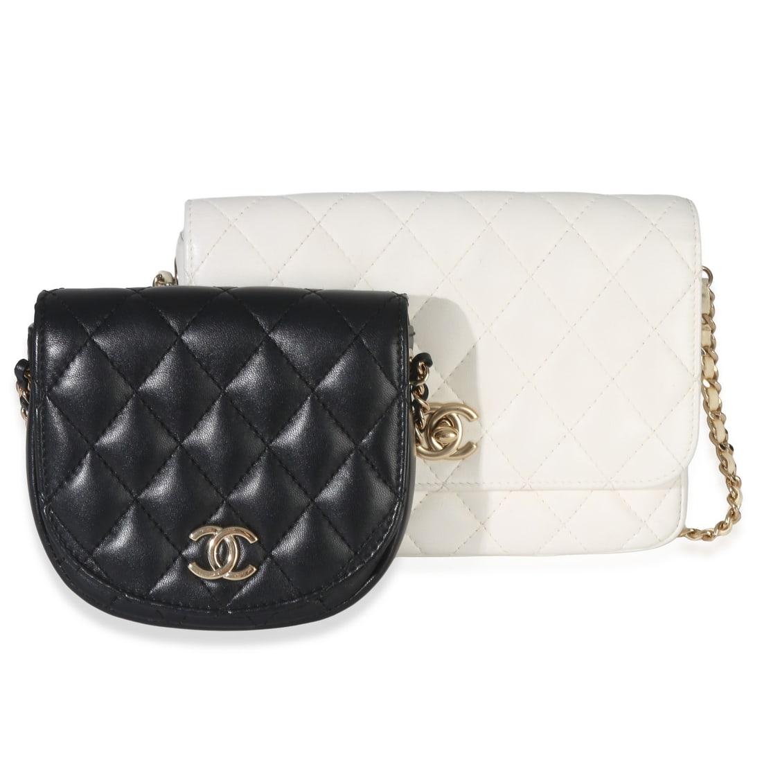 Chanel Small Side Packs White Black Quilted Lambskin Shoulder Bag: Chanel Small Side Packs White Black Quilted Lambskin Shoulder Bag This Chanel Small Side Packs Flap Bag features a white and black quilted lambskin leather exterior with gold-tone hardware. The bag in
