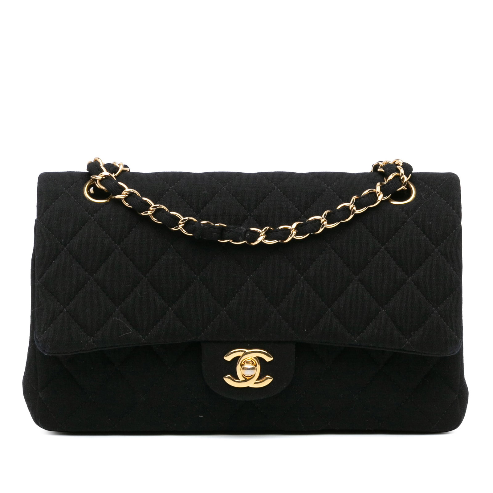 Chanel Medium Classic Jersey Double Flap Black Shoulder Bag: Chanel Medium Classic Jersey Double Flap Black Shoulder Bag This Chanel Medium Classic Jersey Double Flap shoulder bag is a stylish accessory crafted from quilted black jersey fabric. It features a fa