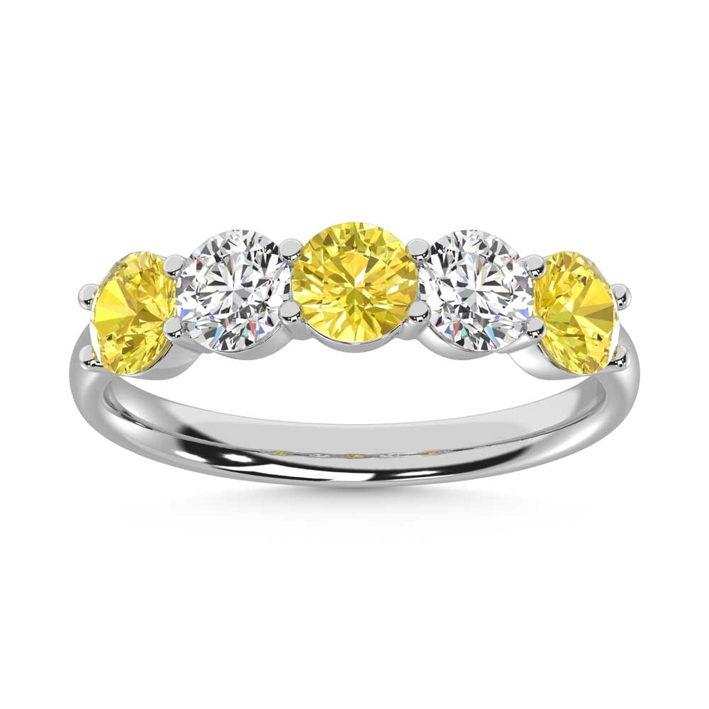 14K White Gold 1 Ct.Tw. 5 Stone Alternate White and Yellow Lab Grown Diamond Band: 14K White Gold 1 Ct.Tw. 5 Stone Alternate White and Yellow Lab Grown Diamond Band This radiant 14K White Gold Band features 1 Ct.Tw. of alternating White and Yellow Lab Grown Diamonds, bringing a capt
