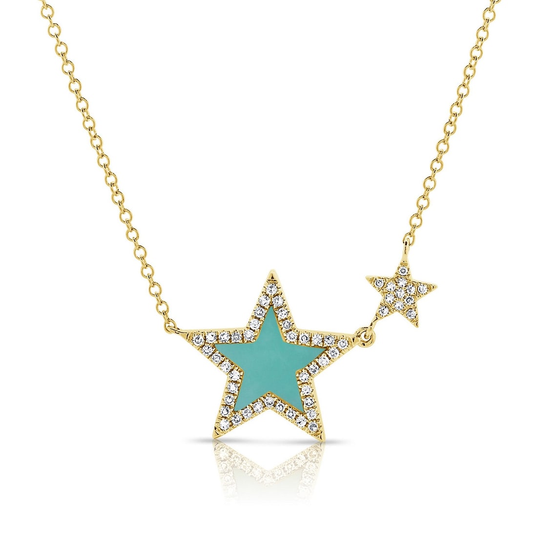 14K Yellow Gold Star Pendant Necklace with Turquoise and 0.15ct Diamond: 14K Yellow Gold Star Pendant Necklace with Turquoise and 0.15ct Diamond This pre-owned women's necklace features a round turquoise star pendant accented by 0.15 ctw of white diamonds, set in 14K yello