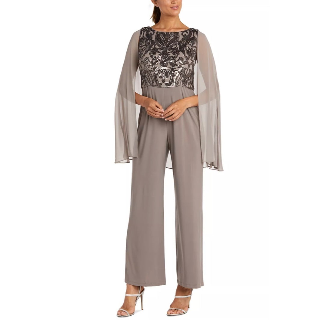 R&M Richards Sequin Cape Jumpsuit Mocha Women's Size 12 (1 of 4)