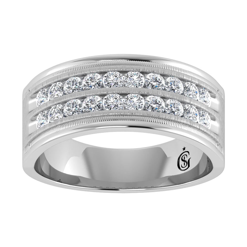 14K White Gold Diamond 1 Ct.Tw. Mens Band: 14K White Gold Diamond 1 Ct.Tw. Mens Band 14k White Gold Stone Color: G-h Stone Clarity: Si2 Each ring is presented in standard size 6.5. Complimentary resizing is available between sizes 510 (in 1/4