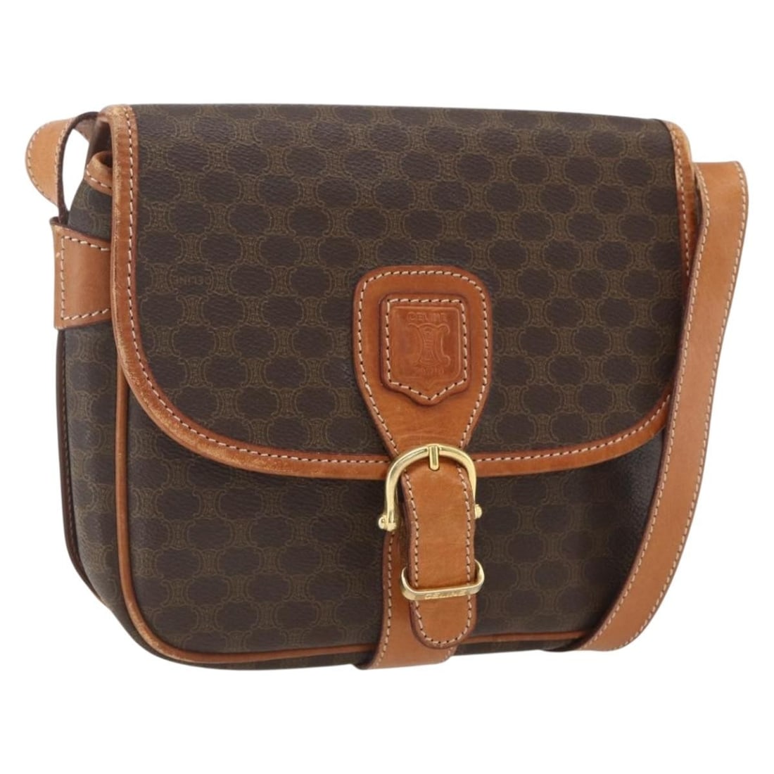 Vintage Celine Macadam Canvas Shoulder Bag Brown Leather Trim: Vintage Celine Macadam Canvas Shoulder Bag Brown Leather Trim This Celine vintage Macadam shoulder bag is crafted from brown canvas with leather accents, designed for female use. The bag features meta