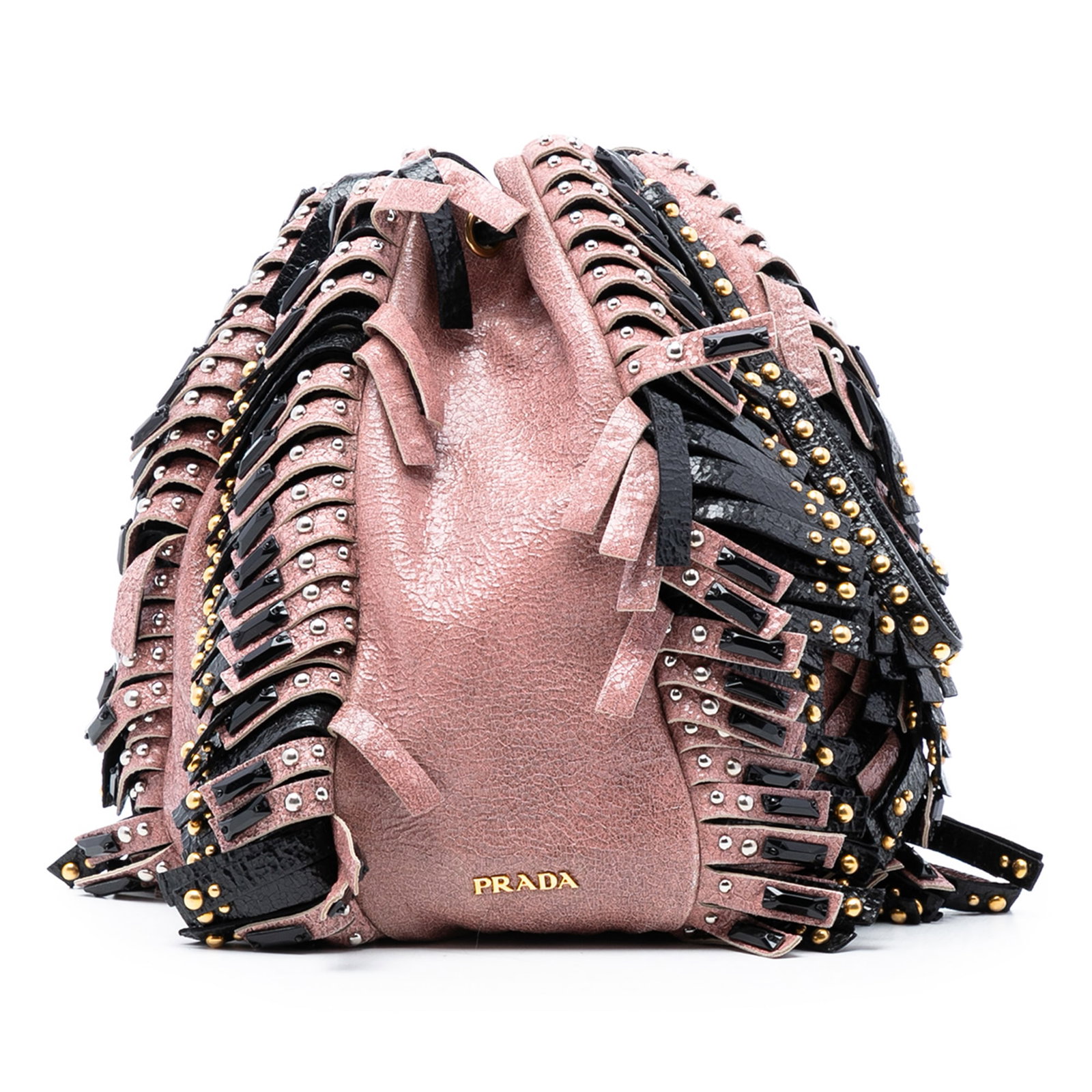 Prada Craquele Pink Leather Fringe Embellished Bucket Shoulder Bag: Prada Craquele Pink Leather Fringe Embellished Bucket Shoulder Bag This Prada bucket bag is crafted from crackled leather and features embellished fringe details. It has a flat strap and a top drawstr