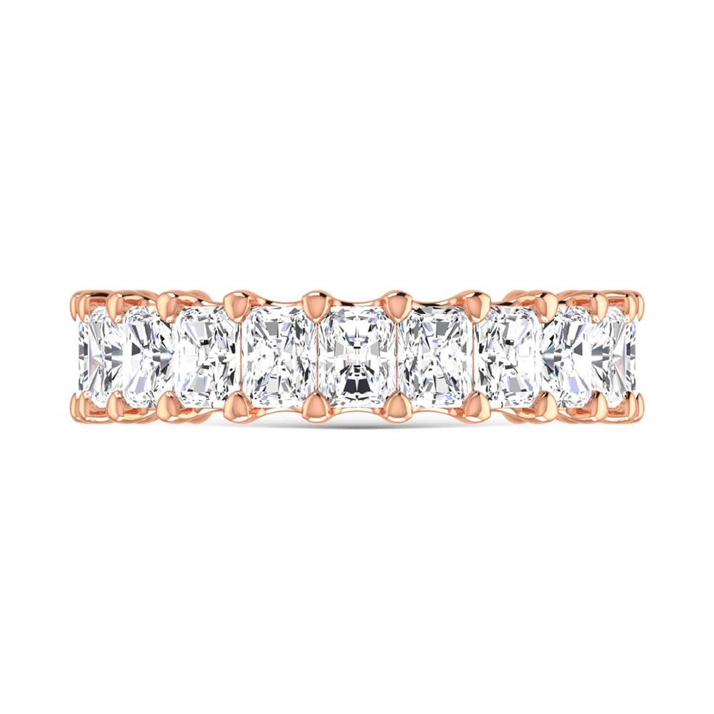 18K Rose Gold 4 1/4 CT Tw. Radiant Shape Lab Grown Diamond Three Forth Eternity Band: 18K Rose Gold 4 1/4 CT Tw. Radiant Shape Lab Grown Diamond Three Forth Eternity Band 18k Rose Gold Stone Color: F Stone Clarity: Vs Each ring is presented in standard size 6.5. Complimentary resizing