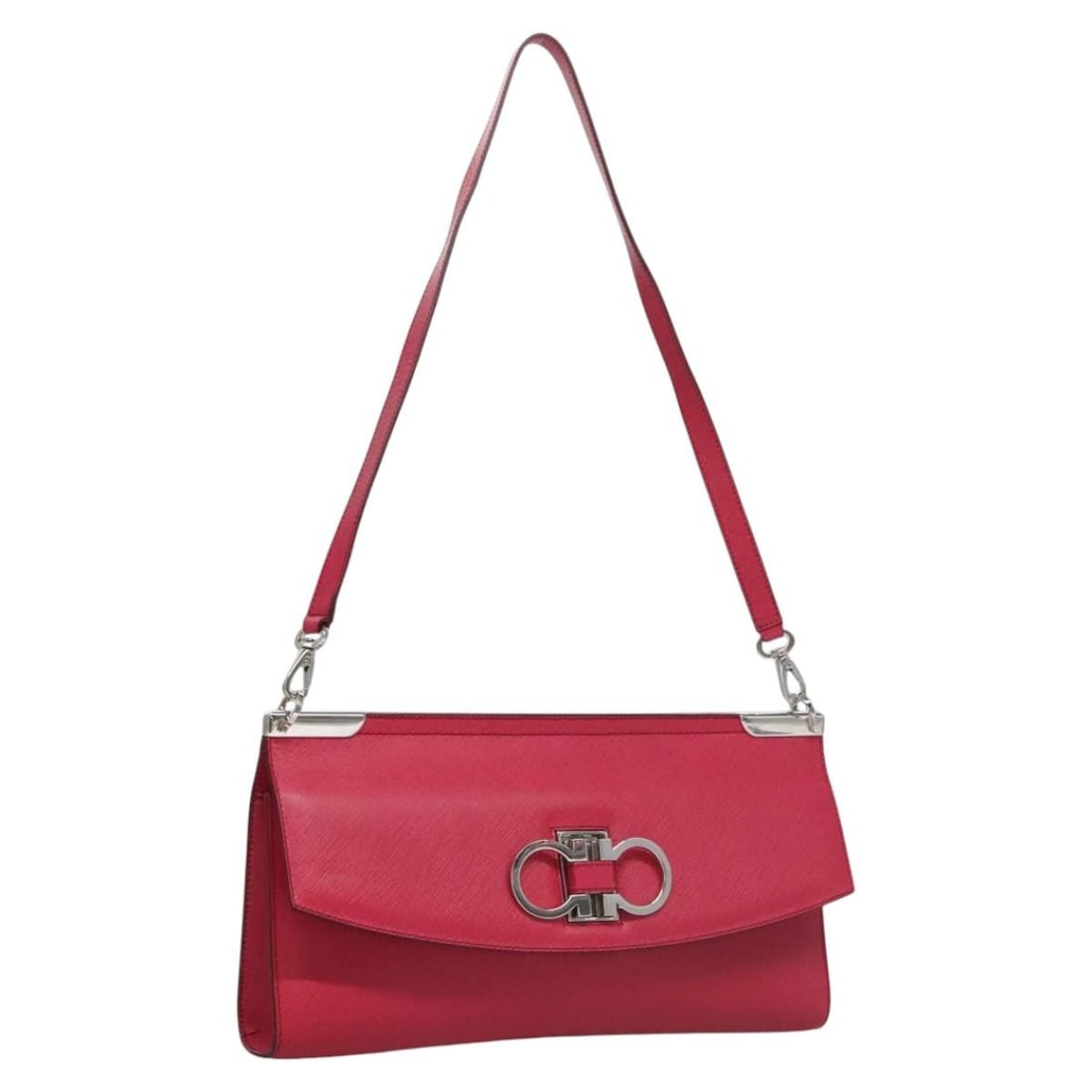 Pink Saffiano Leather Gancini Shoulder Bag by Salvatore Ferragamo: Pink Saffiano Leather Gancini Shoulder Bag by Salvatore Ferragamo This Salvatore Ferragamo Gancini shoulder bag is crafted from pink Saffiano leather and features silver-tone hardware. Designed for wo