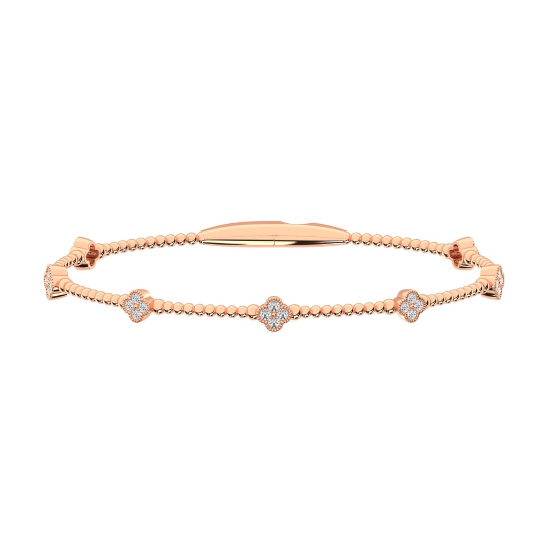 14K Rose Lab Grown 1/2 Ct.Tw. Clover Flexi Bangle: 14K Rose Lab Grown 1/2 Ct.Tw. Clover Flexi Bangle This charming 14K Rose Gold clover flexi bangle features lab grown diamonds totaling 1/2 Ct.Tw., offering delicate sparkle with symbolic elegance. 14k