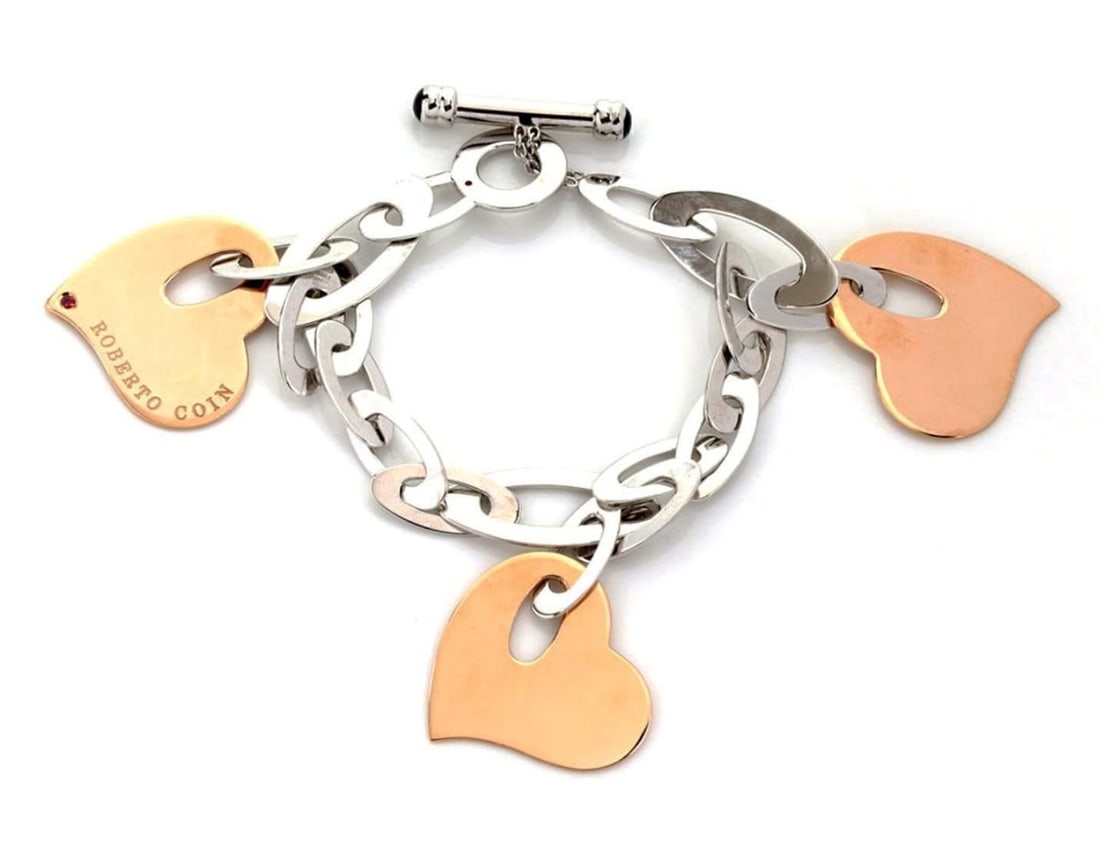 7.5" 18k Rose and White Gold Triple Heart Charm Bracelet by Roberto Coin (1 of 4)