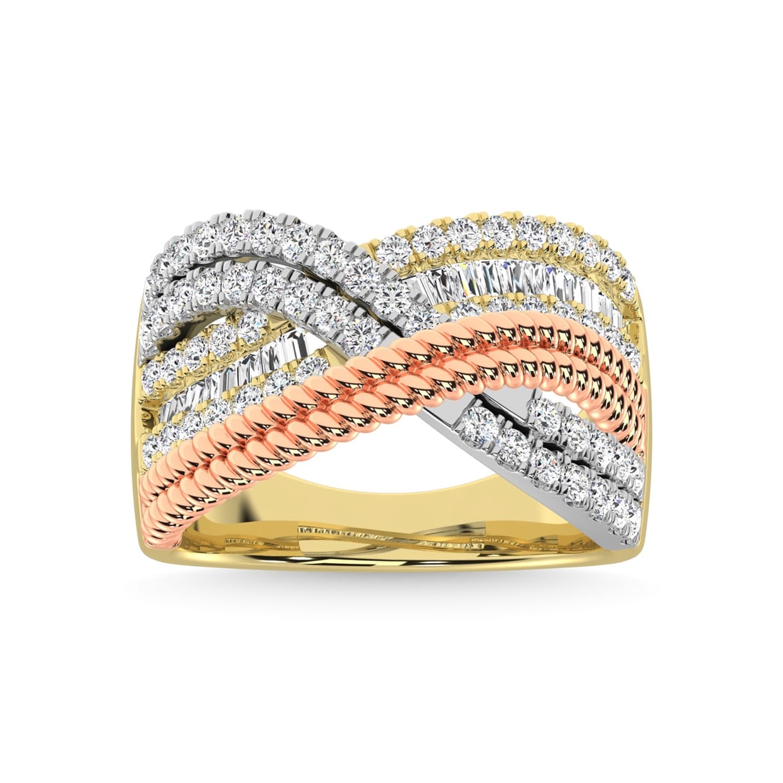 Diamond 1 Ct.Tw. Fashion Ring in 14K Gold (White,Yellow and Pink): Diamond 1 Ct.Tw. Fashion Ring in 14K Gold (White,Yellow and Pink) 14k Gold Stone Color: G-h Stone Clarity: I2 Each ring is presented in standard size 6.5. Complimentary resizing is available between s