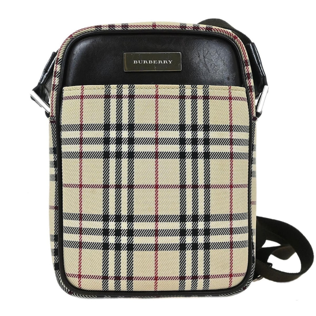 Burberry Beige Check Canvas Shoulder Bag with Silver Hardware: Burberry Beige Check Canvas Shoulder Bag with Silver Hardware Elevate your casual outings with this stylish Burberry Check Shoulder Bag. Crafted from high-quality canvas leather in a sophisticated bei