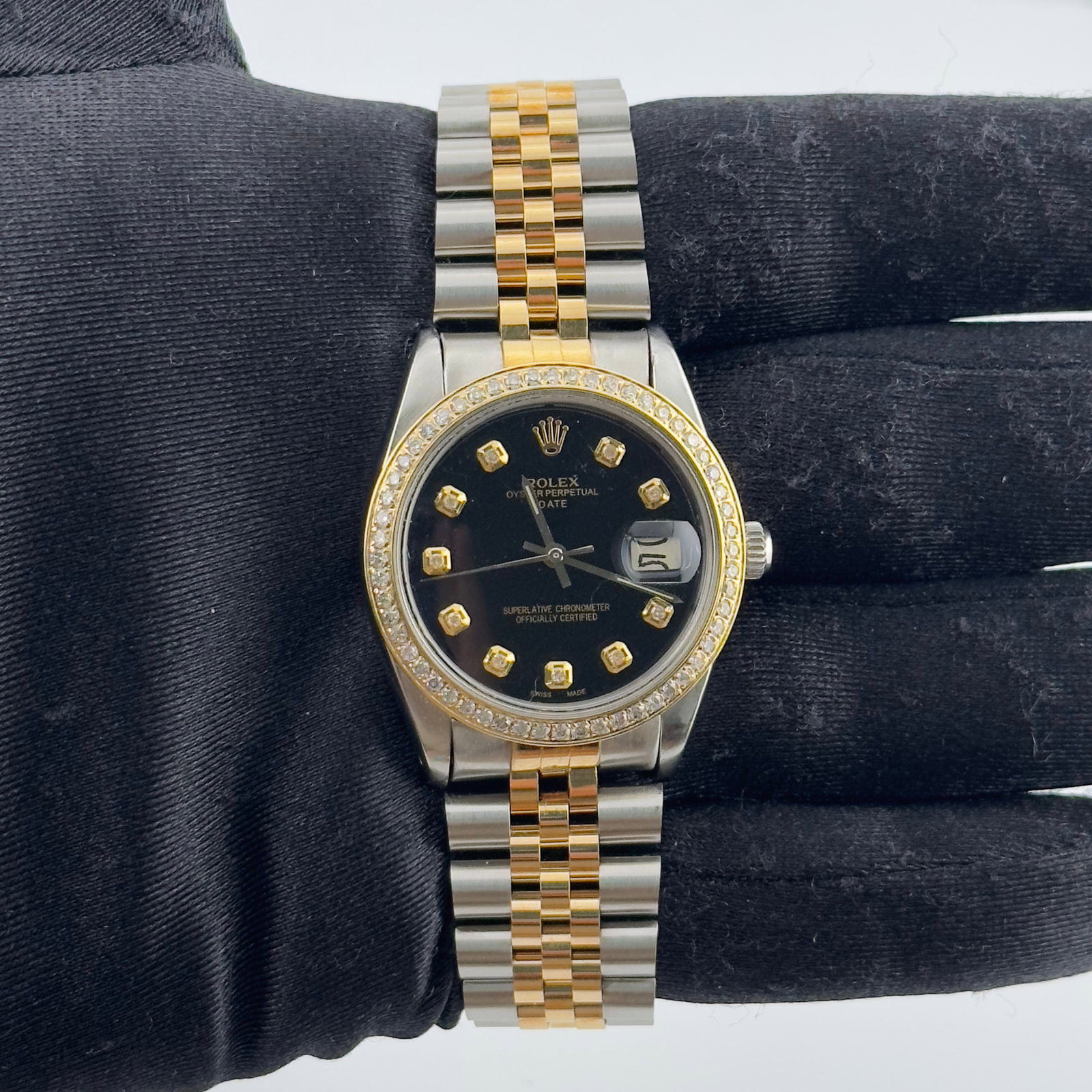 Aftermarket Black Diamond Dial Rolex 6694 Oyster Perpetual Date Jubilee Watch: Aftermarket Black Diamond Dial Rolex 6694 Oyster Perpetual Date Jubilee Watch Rolex Oyster Perpetual Date watch featuring an aftermarket black diamond dial and an aftermarket Jubilee bracelet. The wat