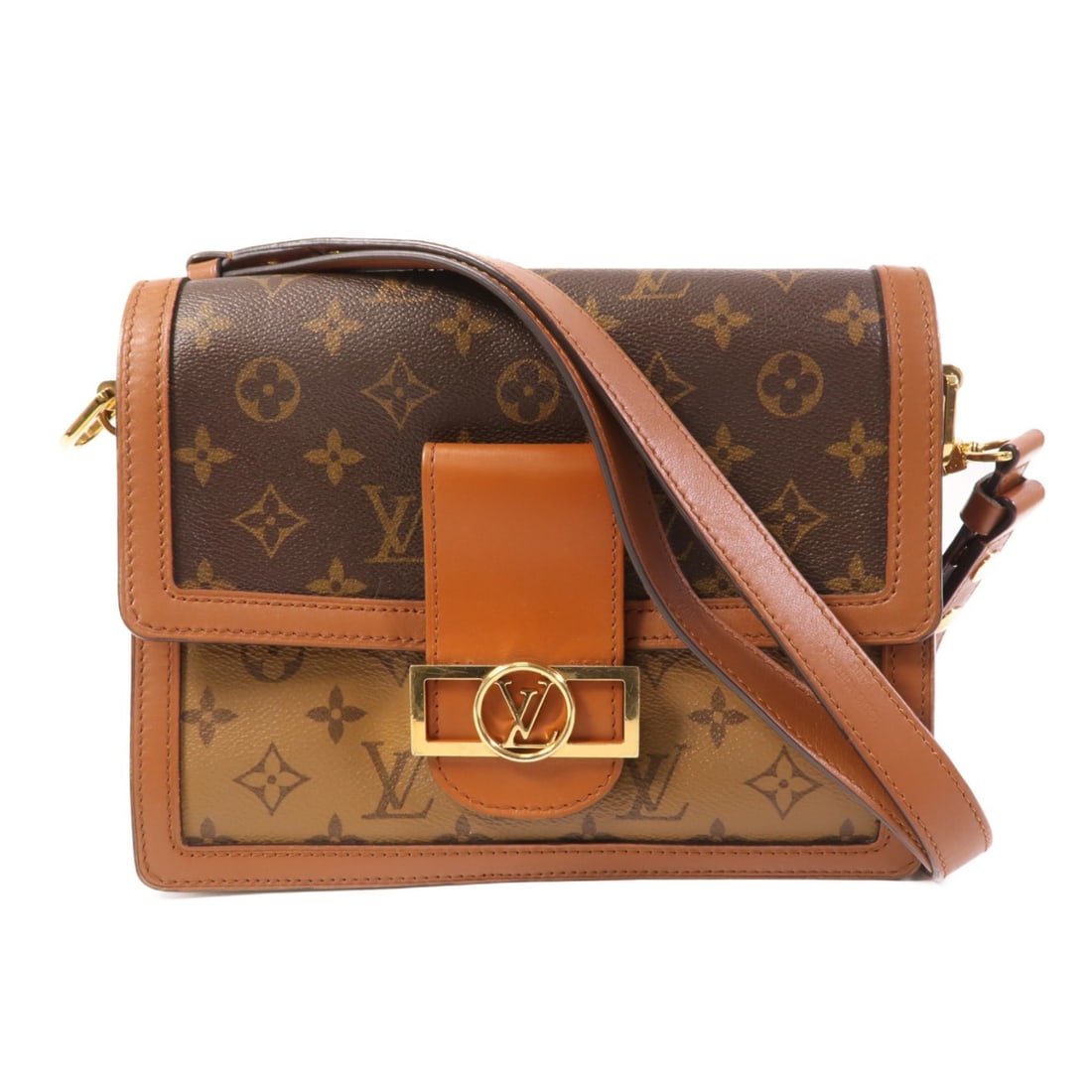 Louis Vuitton Dauphine MM Monogram Reverse Shoulder Bag with Gold Tone Hardware: Louis Vuitton Dauphine MM Monogram Reverse Shoulder Bag with Gold Tone Hardware This Louis Vuitton Dauphine MM shoulder bag features the signature Monogram Reverse design in brown PVC coated canvas. I