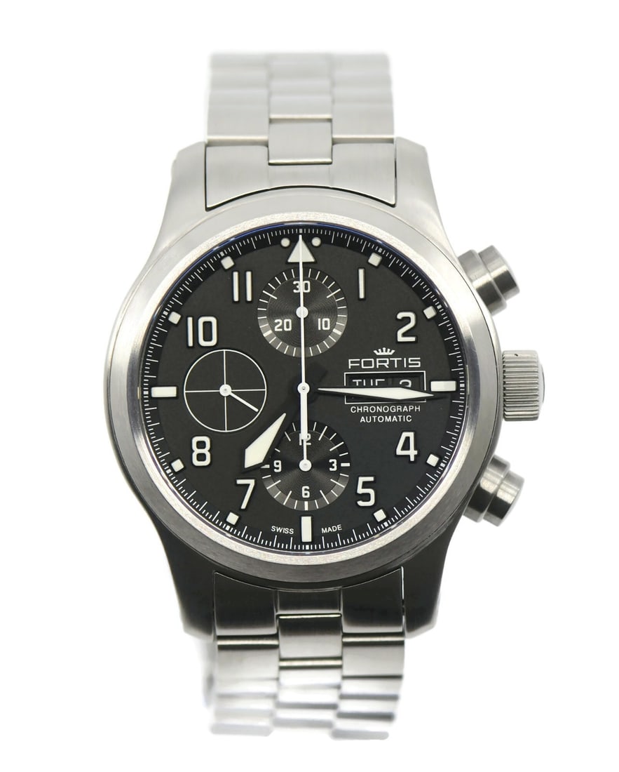 Men's Fortis B-42 Aeromaster Automatic Black Dial Stainless Steel Wristwatch 42mm: Men's Fortis B-42 Aeromaster Automatic Black Dial Stainless Steel Wristwatch 42mm The Fortis Aeromaster B-42 is a men's wristwatch featuring a 42 mm stainless steel case and band. This Swiss-made time