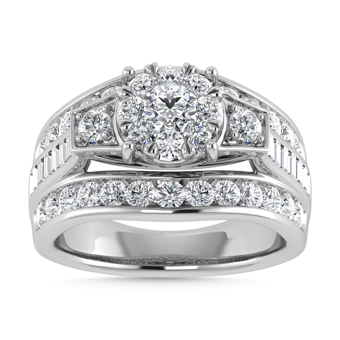 Diamond 2 Ct.Tw. Round and Flat Straight Baguette Engagement Ring in 14K White Gold: Diamond 2 Ct.Tw. Round and Flat Straight Baguette Engagement Ring in 14K White Gold 14k White Gold Stone Color: G-h Stone Clarity: Si2 Each ring is presented in standard size 6.5. Complimentary resizi